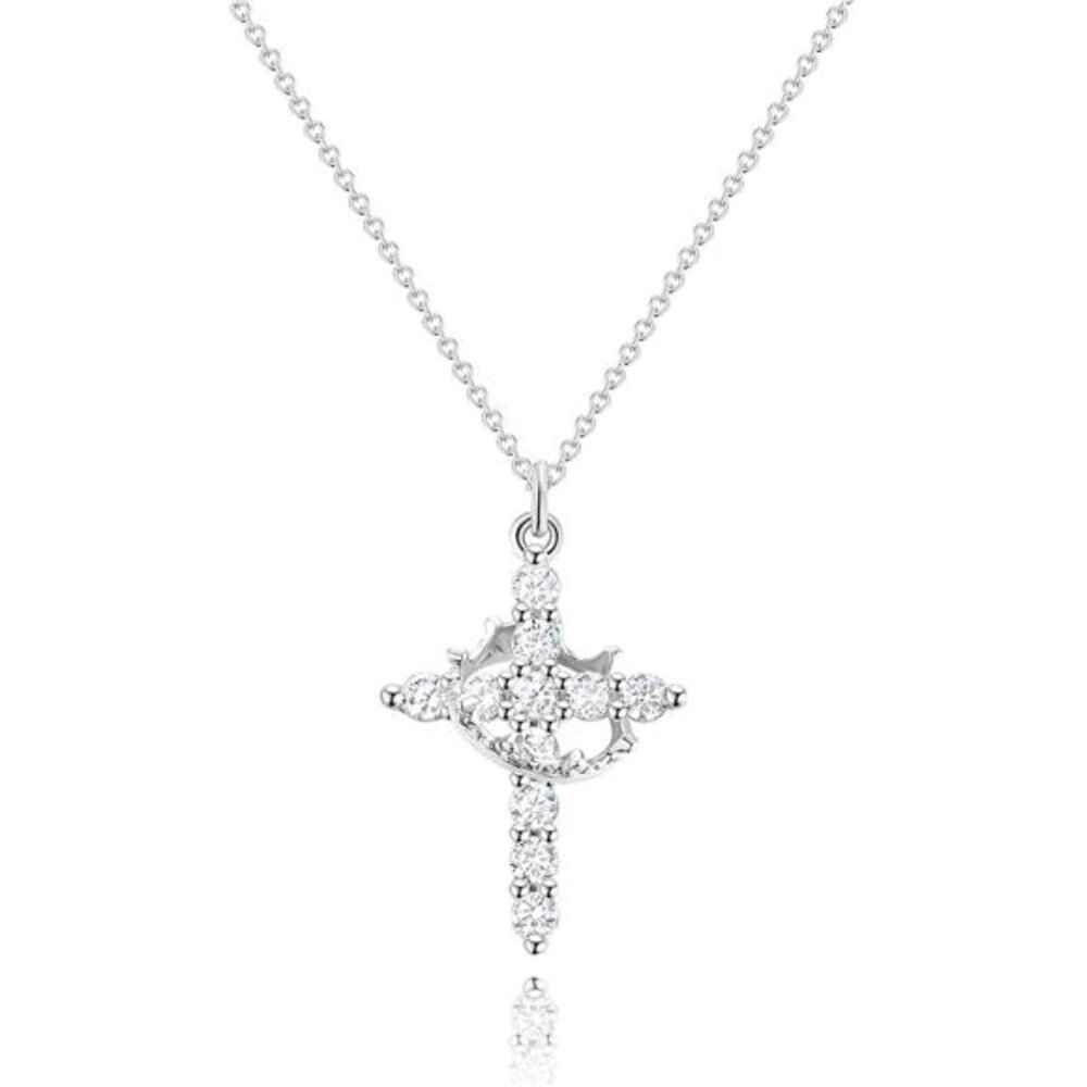 Upgraded Crown Cross Necklace for Women, 14K Gold Plated Crown Cross Pendant